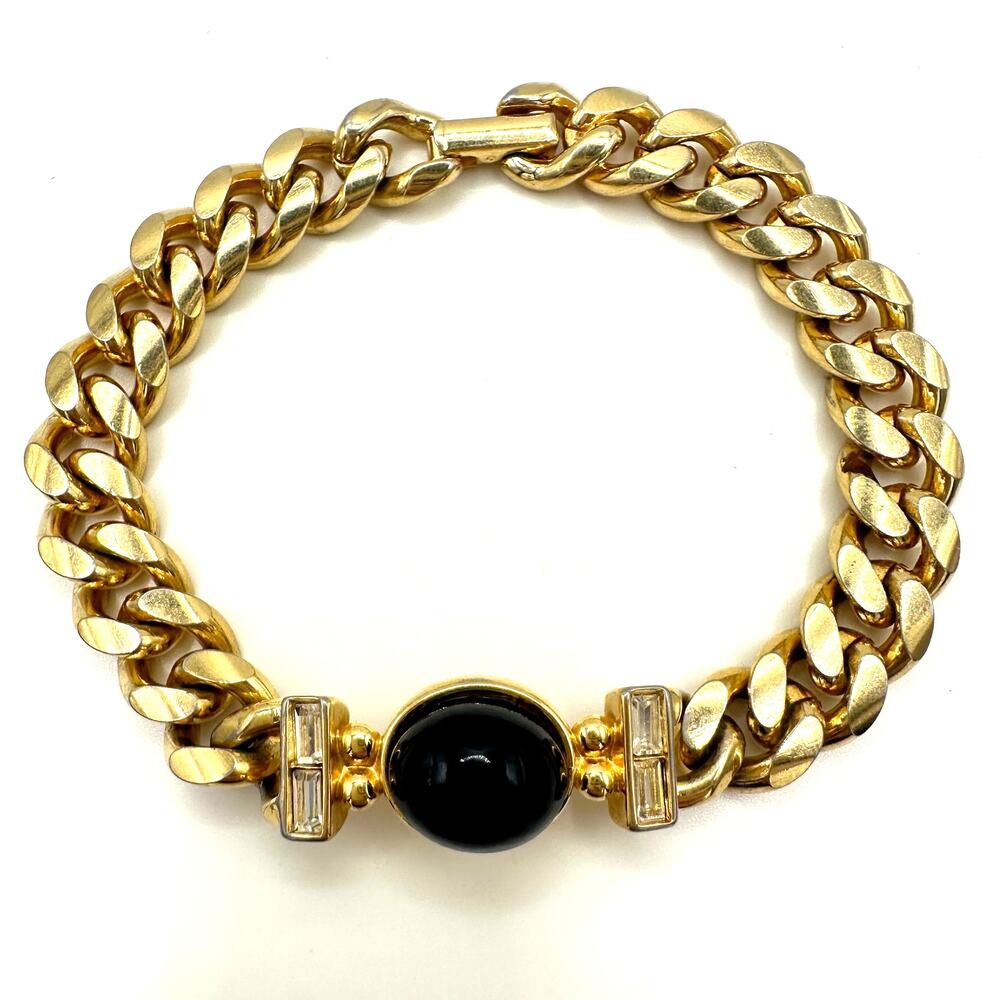 Joan Rivers vintage gold tone black glass cabochon rhinestones chain bracelet